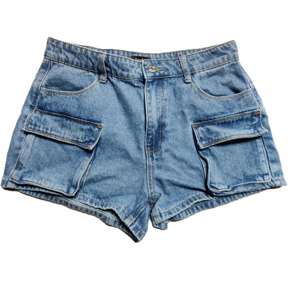 Simple Society Women’s 9/29 Blue Acid Wash Denim Cargo Shorts High Rise Y2K